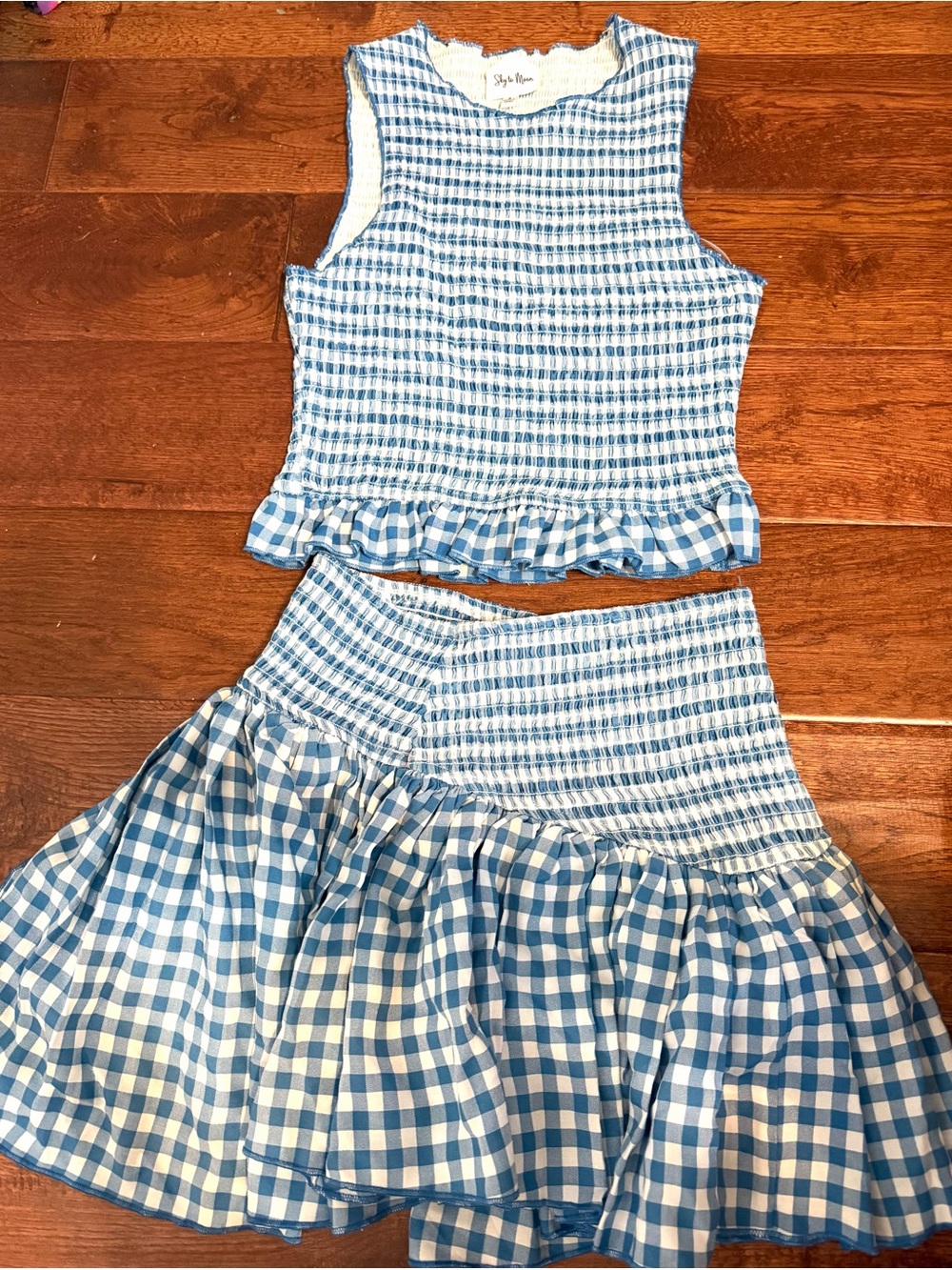Blue Gingham Smocked Tank and Skirt Set - junior women size small